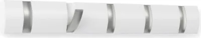 A white wall-mounted coat rack with five silver hooks.