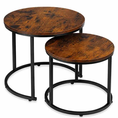 Produktbild von 2er Set Couchtische rund – Schwarz / Vintage Holzoptik Eiche – Nesting Beistelltische 53/43 cm – Industrial Design