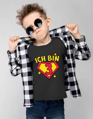 Produktbild von Kinder T-Shirt Superheld Superheldin Geburtstag Alter Motiv lustig Geburtstagshirt Geschenk für Jungen Moonworks® 3 Jahre schwarz 110-116 (5-6 Jahre)