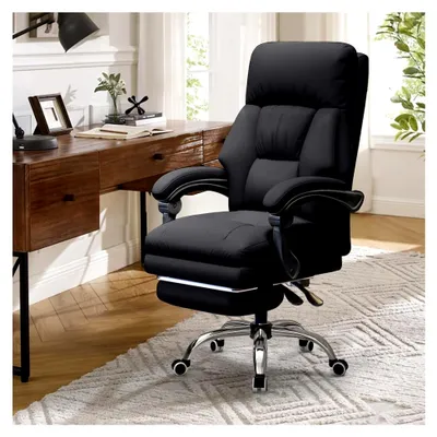 Produktbild von Bürostuhl mit Beinstütze, Leder-Chefsessel mit hoher Rückenlehne und Rollen, ergonomischer Schreibtischstuhl mit Lendenwirbelstütze für das Homeoffice