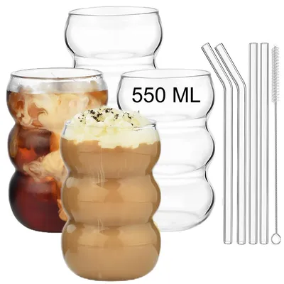 Produktbild von Trinkgläser aus hochwertigem Glas, Bubble Gläs 4er Set Trinkglas, 550ml gerippte trinkgläser, wave glas, Latte Macchiato Gläser, Eiskaffee Gläser