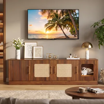 Produktbild von Merax TV Lowboard mit Katzenhöhle, TV-Schrank mit Rattan-Optik, Stauraum und Kabeldurchführung, für Fernseher bis 75 Zoll, Haustierbereich, Walnuss