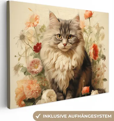 Produktbild von MuchoWow® - Leinwandbilder - Vintage - Katze - Blumen - Weiß - Natur - Tiere, Wandbild, Wanddeko Bilder Wohnzimmer, 120x90 cm