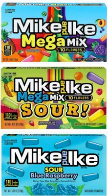 Productafbeelding van 3x Mike and Ike verpakking – 1x Mega Mix, 1x Zuur, 1x Blauwe Framboos | Kaudragees mix | Fruitig, zuur en zoet | Amerikaanse snoep + bescherming voor verzending