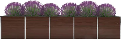 A planter box with purple plants.