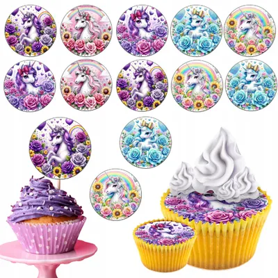 Zdjęcie produktu dla Opłatek Na Babeczki Muffinki Zestaw Na Urodziny 12Szt. - Jednorożec Unicorn