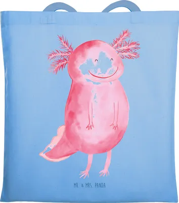 Produktbild von Mr. & Mrs. Panda Stoffbeutel Axolotl Glücklich - Sky Blue - Geschenk, Jutebeutel, Tasche, gut Gelaunt, Gute Laune, Shopping, Motivation, Lurch, Tote Bag, Lebensfroh