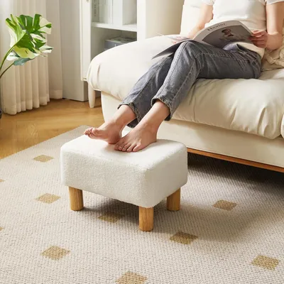 Produktbild von Rechteckiger Fußhocker mit Holzbeinen, gepolsterter Sitzhocker und Schuhwechselbank für Wohnzimmer und Schlafzimmer, 40×29×25CM, Weiß
