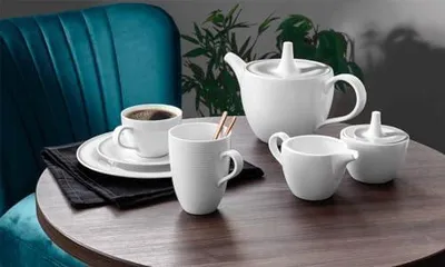 Produktbild von Kaffeebecher-Set mit Henkel, 6 Stück, 350 ml, Porzellan, Weiß mit Rillenstruktur