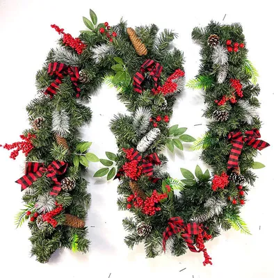 Image de Guirlande de Noël 2,7 m – guirlande en PVC souple avec nœud, artificielle, pour escaliers, rampes, cheminées et portes, décoration de Noël pour l'intérieur et l'extérieur