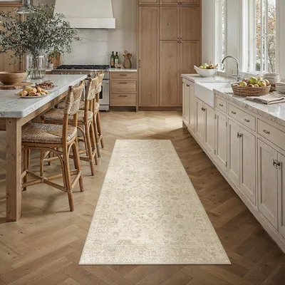 Läufer 60 x 180 cm beige Vintage waschbar rutschfest weich niedrigflorig