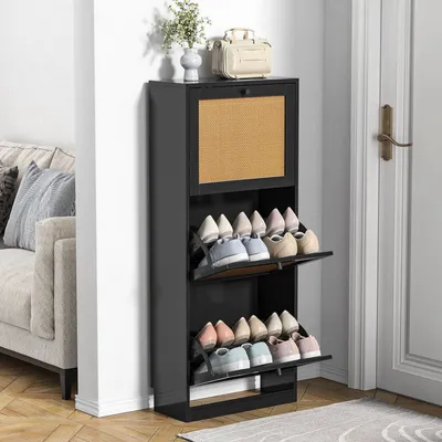 Image de Armoire à chaussures avec 3 tiroirs coulissants, gain de place, pour 12 à 18 paires de chaussures, dimensions : 51 x 22,5 x 122 cm, couleur : noir