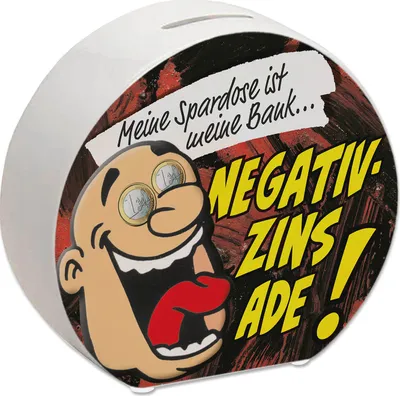 Produktbild von Spardose in rot zum Thema Negativzins mit Comic-Motiv