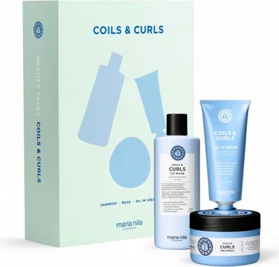 Produktbild von Maria Nila, Haarpflege-Set für lockiges und welliges Haar, 3-teilig, 350ml Shampoo, 250ml Maske, 100ml Öl-Creme, vegan, tierversuchsfrei, mit pflanzlichen Inhaltsstoffen, reichhaltige Feuchtigkeit, Holiday Box Geschenkset.