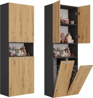 Immagine prodotto di BDW Mobile da bagno, 2 cestini per biancheria, 2 ante 174x60x30, antracite/rovere artigianale