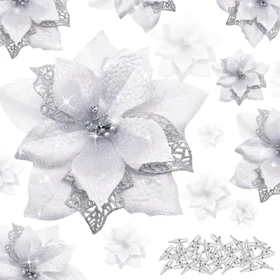 Produktbild von Künstliche Weihnachtsblumen 40 Stück Glitter Poinsettia mit Clips Silber 15cm & 12cm