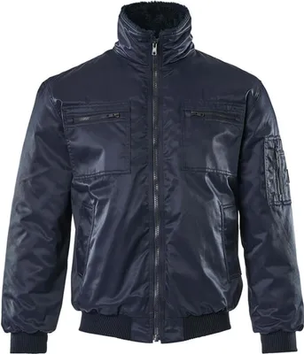 A studio shot of a navy blue pilot jacket.