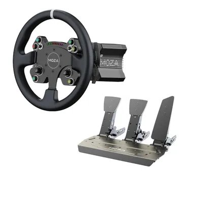 A racing wheel and pedal set displayed on a white background.