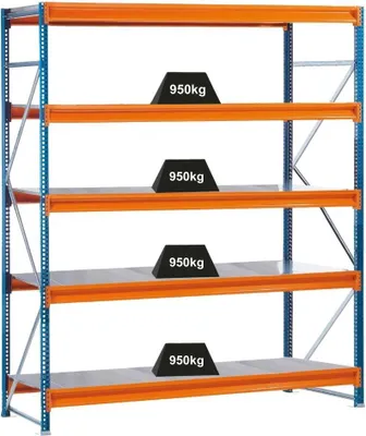 Produktbild von Schulte Weitspannregal mit Stahlpaneelen W 100 | Grundregal | HxBxT 300x214x80cm | 5 Ebenen | Fachlast 950 kg | Blau/Orange/Verzinkt