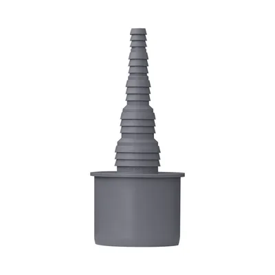 A gray plastic hose adapter with a stepped nipple on one end and a wider cylindrical base on the other, isolated on a white background.
