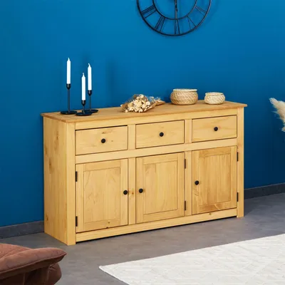 Produktbild von Sideboard CANCUN aus Massivholz - Landhaus Stil, mit 3 Türen und Schubladen, moderne Anrichte aus Kiefer massiv mit gebeizter gewachster Oberfläche