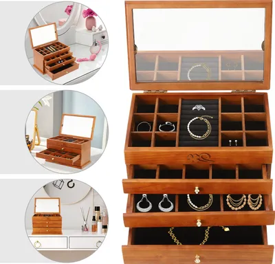 Produktbild von Aufbewahrungsboxen Juwelieorganisator Holzschachtel für Frauen mit Spiegel, Schubladen (hellere Braun)
