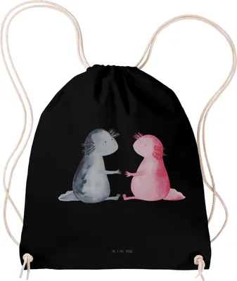 Produktbild von Mr. & Mrs. Panda Säckchen Axolotl Liebe - Schwarz - Geschenk, gym rucksack, tasche, Beutel, Jutebeutel, Valentinstag, Lurch, wander, Kleiner