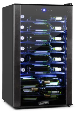 Produktbild von Klarstein Vinomatica Weinkühlschrank, Kapazität 36 Flaschen, 95 Liter, Temperaturen: 4-18 °C, Touch-Bedienfeld, 6 Präsentationsregal, LED-Innenbeleuchtung, freistehend, schwarz
