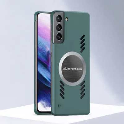 A green phone case with a silver circular accent is shown next to a smartphone.
