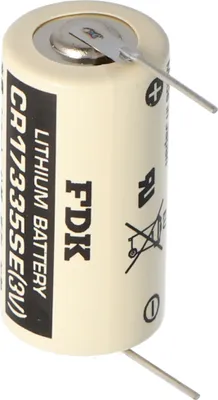 A close-up studio shot of a single lithium battery with protruding wires.