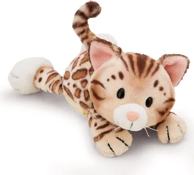 A plush toy Bengal cat lying down on a white background.