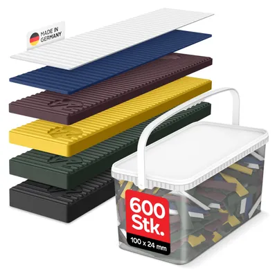 A product display showing stacked layers of colored glazing blocks and a clear plastic bucket filled with smaller blocks, with a 'Made in Germany' label.