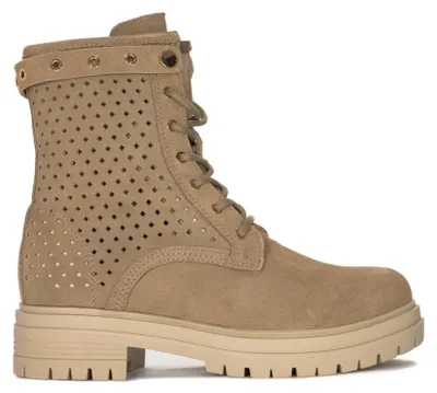Produktbild von Damen Schnürschuhe Naturveloursleder Beige Lochmuster Plateau 4 cm Absatz, 2,5 cm vorne, Weite G