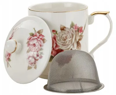 Zdjęcie produktu dla Kubek do kawy herbaty z zaparzaczem Kwiaty Róża JUMBO 450 ml porcelana