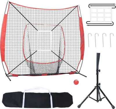 Immagine prodotto di 244 x 106 x 211 cm Rete per l'allenamento di Baseball Softball - Rete portatile per il baseball - Colpire, prendere, lanciare - Attrezzatura per il backstop - Telaio ad arco - Borsa per il trasporto - Zona di battuta - Palla rossa.