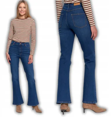 Zdjęcie produktu dla Spodnie jeans damskie Moraj, wysoki stan, prosty krój – niebieskie, rozmiar L, wygodne