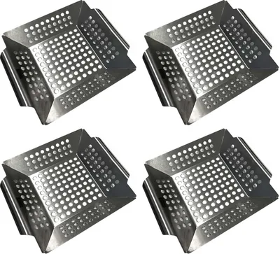 Produktbild von 4er Set Edelstahl Grillkorb 20 x 20 x 4 cm Grill Gemüsepfanne BBQ Lochpfanne Grillschale Grillrost Gemüsekorb