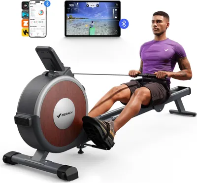 Produktbild von Bluetooth Rudergerät magnetisch für Zuhause – 16 Stufen Widerstand, Doppelschienen, App-Steuerung & Tablet-Halter, leise, vertikal klappbar bis 158 kg