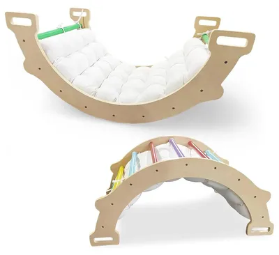 Immagine prodotto di Arco e triangolo per arrampicata - Struttura per arrampicata Montessori in legno - Con morbido cuscino - Funzione altalena/dondolo - Per interni - Dai 3 anni in su - Colorato