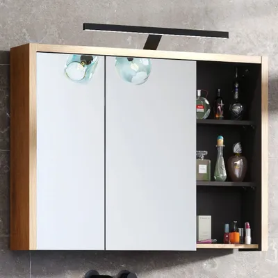 Produktbild von Spiegelschrank mit LED-Beleuchtung 100 cm DANZIG-56 Shetland Eiche Nb. mit Graphitgrau, B/H/T: ca. 100/75-80/18 cm
