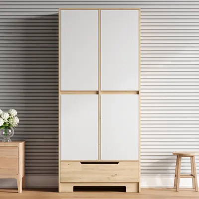Produktbild von Flieks Küchenschrank mit Schublade und Türen, Vorratsschrank mit Einlegeböden, Hochschrank mit Ablagen und Stauraum, 80×35×180cm, Weiß+Natur, MDF+PB