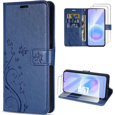 Image de Coque + 2 Verres Trempés pour Samsung Galaxy A57 5G, Protection Synthécuir Bleu Marine Motif Fleur