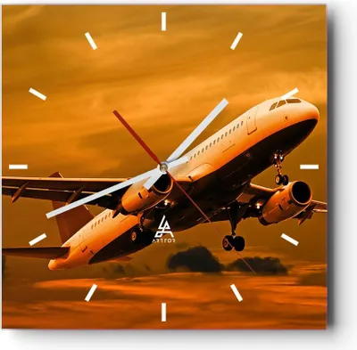 Produktbild von Wanduhr - Quadrat - Glasuhr - Passagier Flugzeug Flugzeug Flügel - 30x30cm - Schleichendes Uhrwerk - Lautlos - zum Aufhängen bereit - Dekoration Modern - Wanddekoration aus Glas - C3AC30x30-0368