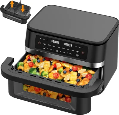 Zdjęcie produktu dla Fritownica powietrzna z podwójną komorą - Airfryer z 2 komorami - Elastyczne gotowanie - Duże okienko umożliwiające obserwację - Pojemność 11 litrów - Czarny kolor