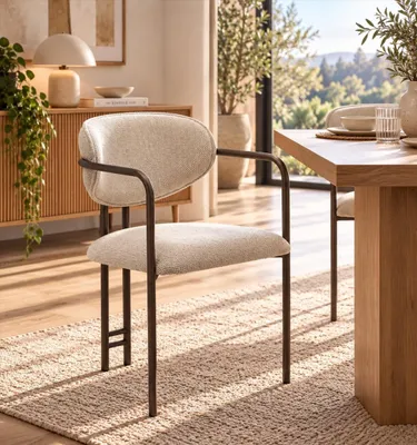 Immagine prodotto di Sedia moderna per sala da pranzo, beige, con braccioli, imbottita, struttura in metallo