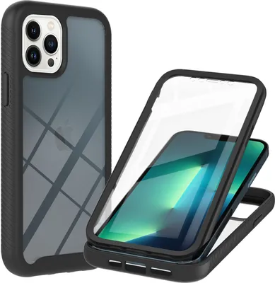 A black and transparent iPhone 13 Pro case is shown, with a second case and phone displayed separately.