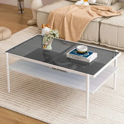 Produktbild von Rechteckiger Glas-Couchtisch, Metallbeine, grau-weiß, modern