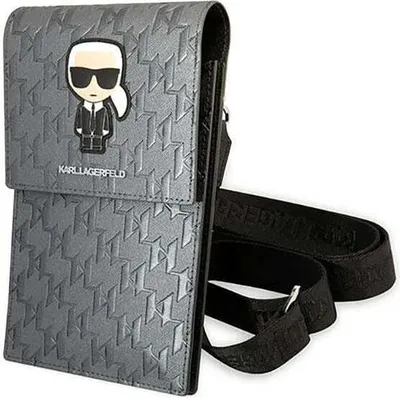 A Karl Lagerfeld crossbody bag with a monogram pattern and a cartoon Karl Lagerfeld patch.