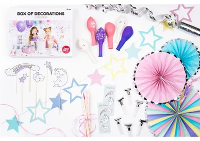 Produktbild von 35-teiliges Einhorn-Geburtstagsdeko-Set mit Ballons und Rosetten - Einheitsgröße