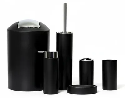 Produktbild von 6tlg Badset Badezimmer Zubehör Set Organizer: (Schwarz Design 2a) Seifenspender, Zahnputzbecher, Kosmetikeimer, WC Bürste, Seifenschale, Mülleimer